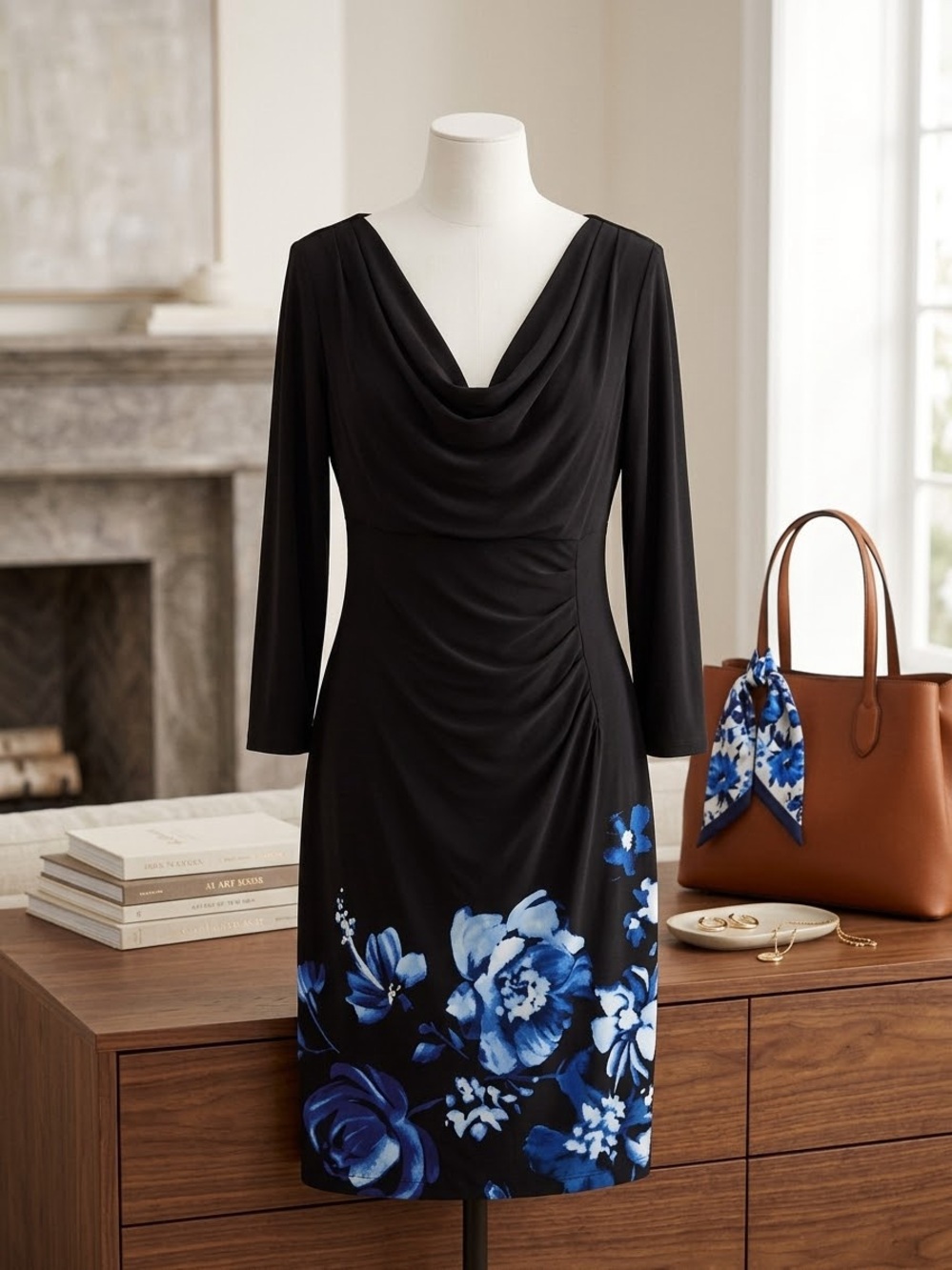 Lauren Ralph Lauren Black & Blue Floral Cowl Neck Ruched Dress - Size 10